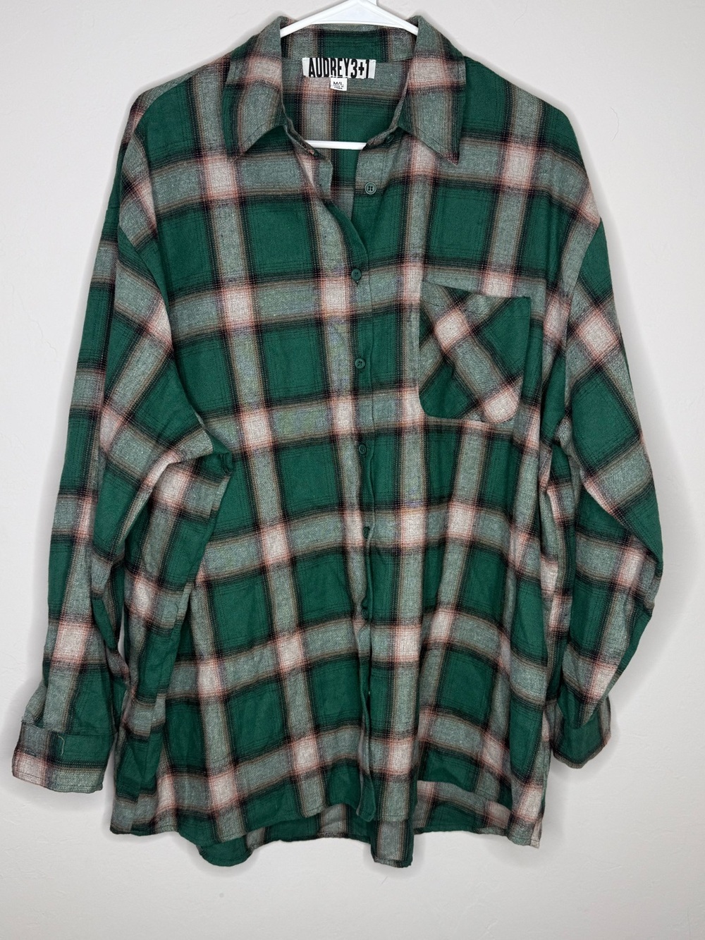 AUDREY 3+1 Womens Oversized Flannel Shirt Green Plaid Size M/L